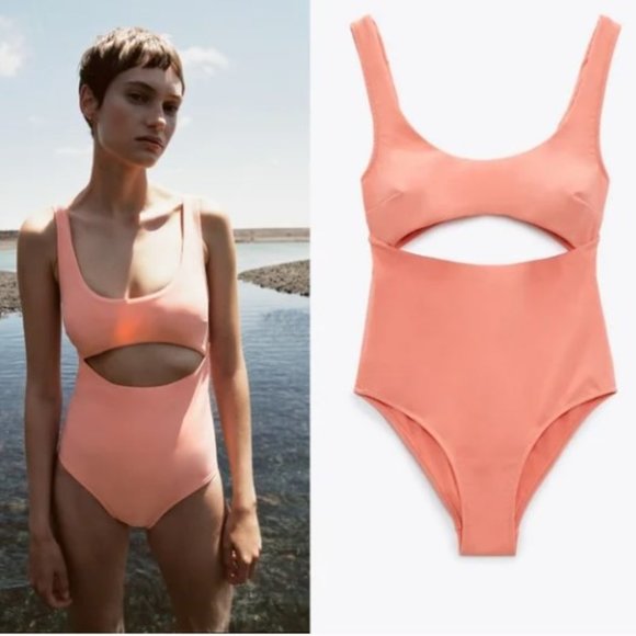 NWT Zara Cut Out One-Piece Swimsuit in Peach - Picture 1 of 9